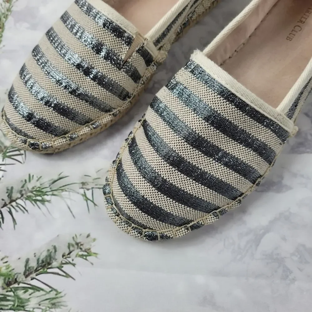 Charter Club Joeey Slip-on Natural & Silver Striped Espadrille Loafer size 8.5M